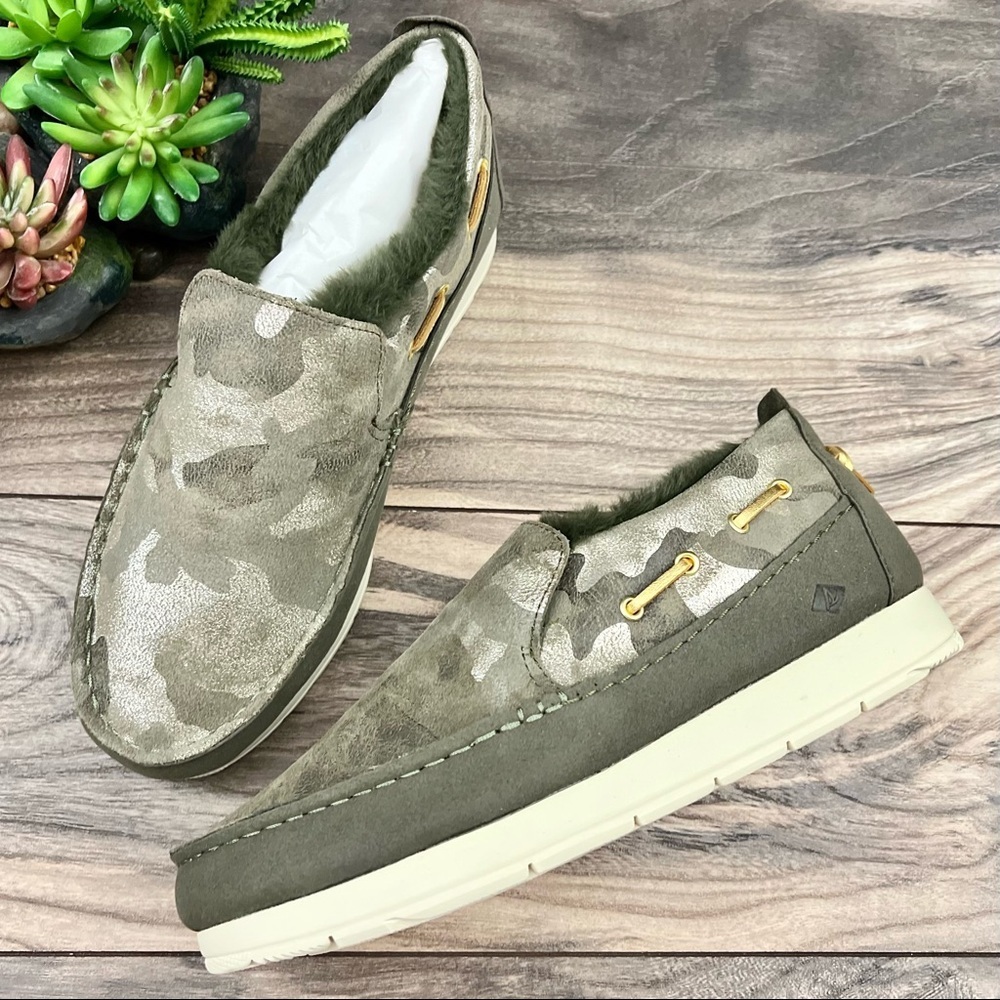 NEW Sperry Moc Sider Metallic Camo Indoor Outdoor Moc Sneaker Faux Fur 8M 39